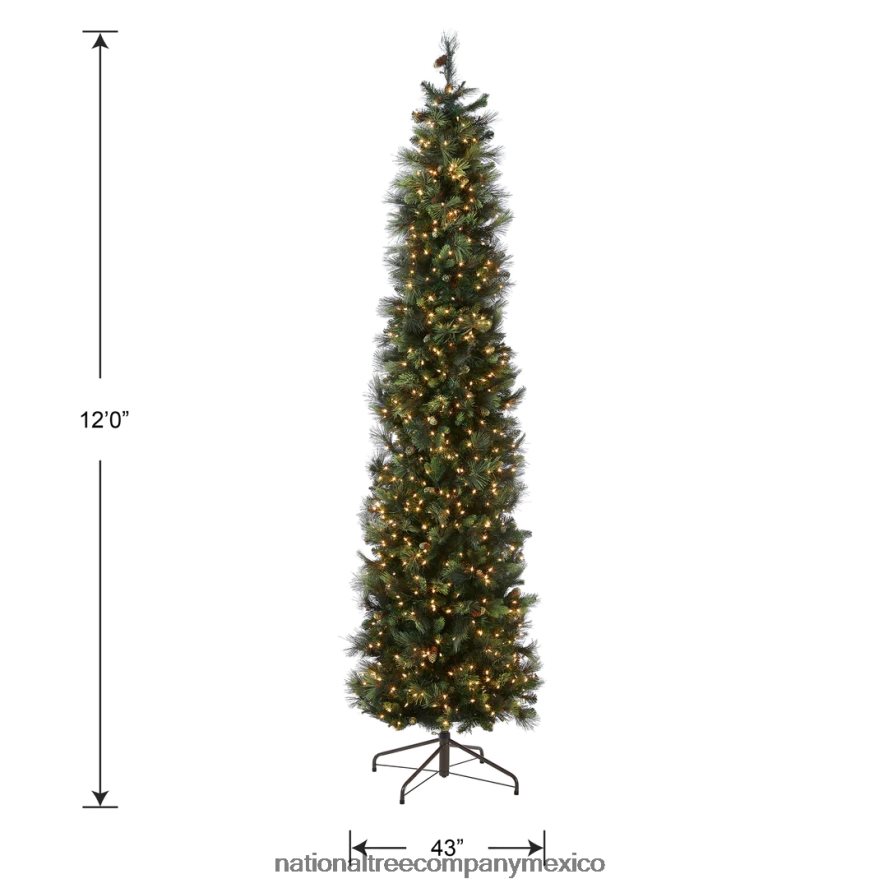 árboles | mx National Tree Company árbol de Navidad delgado gigante artificial preiluminado, verde, pino carolina, luces blancas, flocado con piñas, incluye soporte, 12 pies 8JB84J43