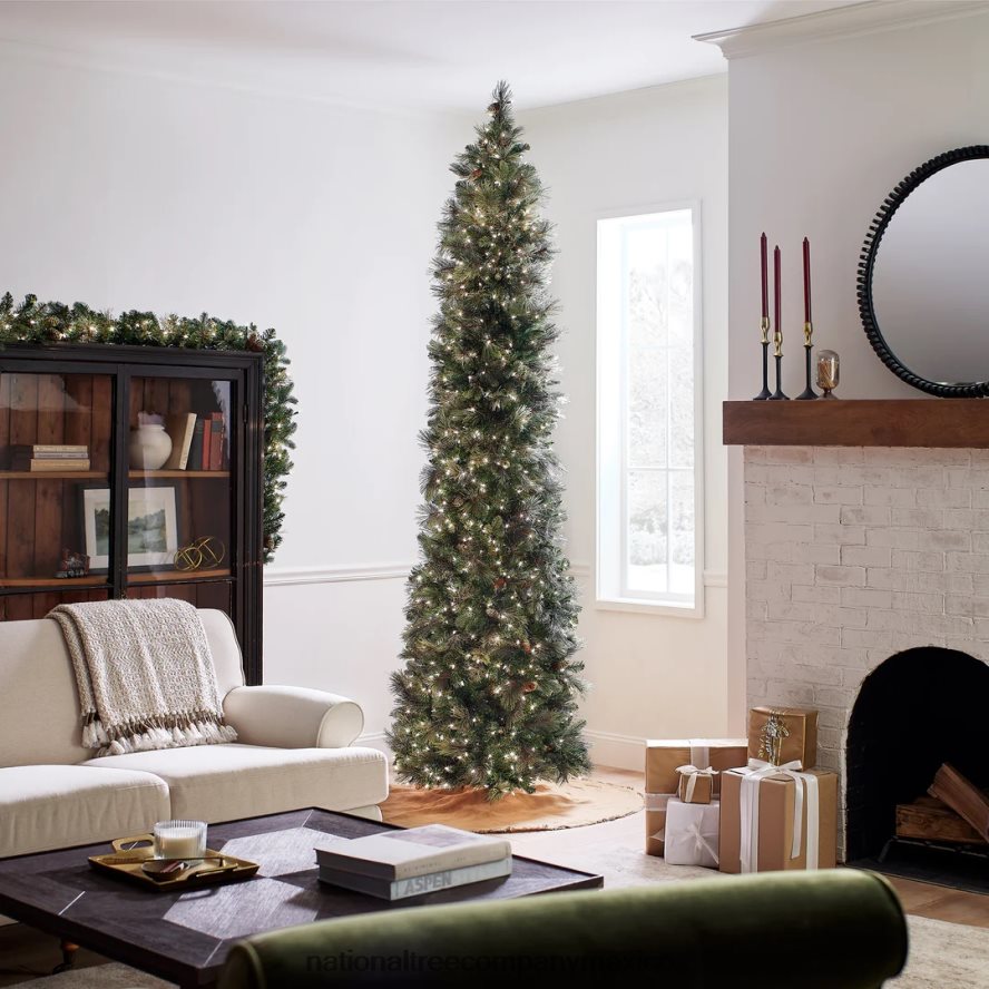 árboles | mx National Tree Company árbol de Navidad gigante artificial preiluminado 'feel real', verde, pino carolina, luces blancas, flocado con piñas, incluye soporte, 10 pies 8JB84J160