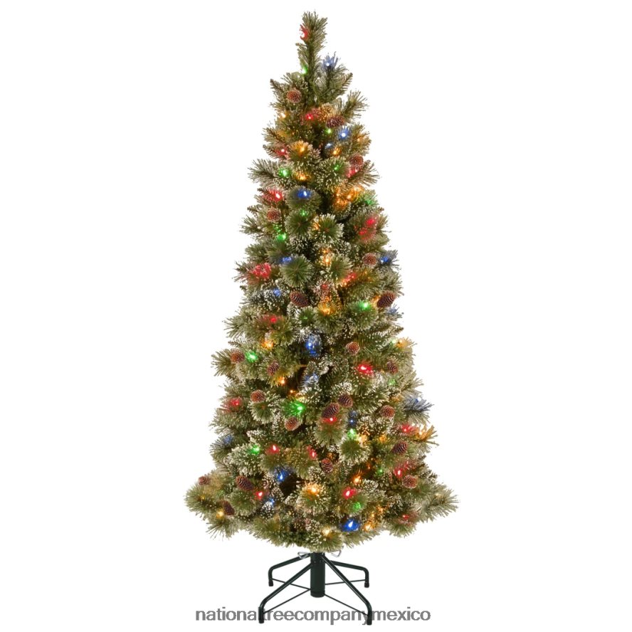 árboles | mx National Tree Company Árbol de Navidad artificial delgado preiluminado, pino brillante, verde, luces multicolores, decorado con piñas, adornos de bolas, incluye soporte, 5 pies 8JB84J204