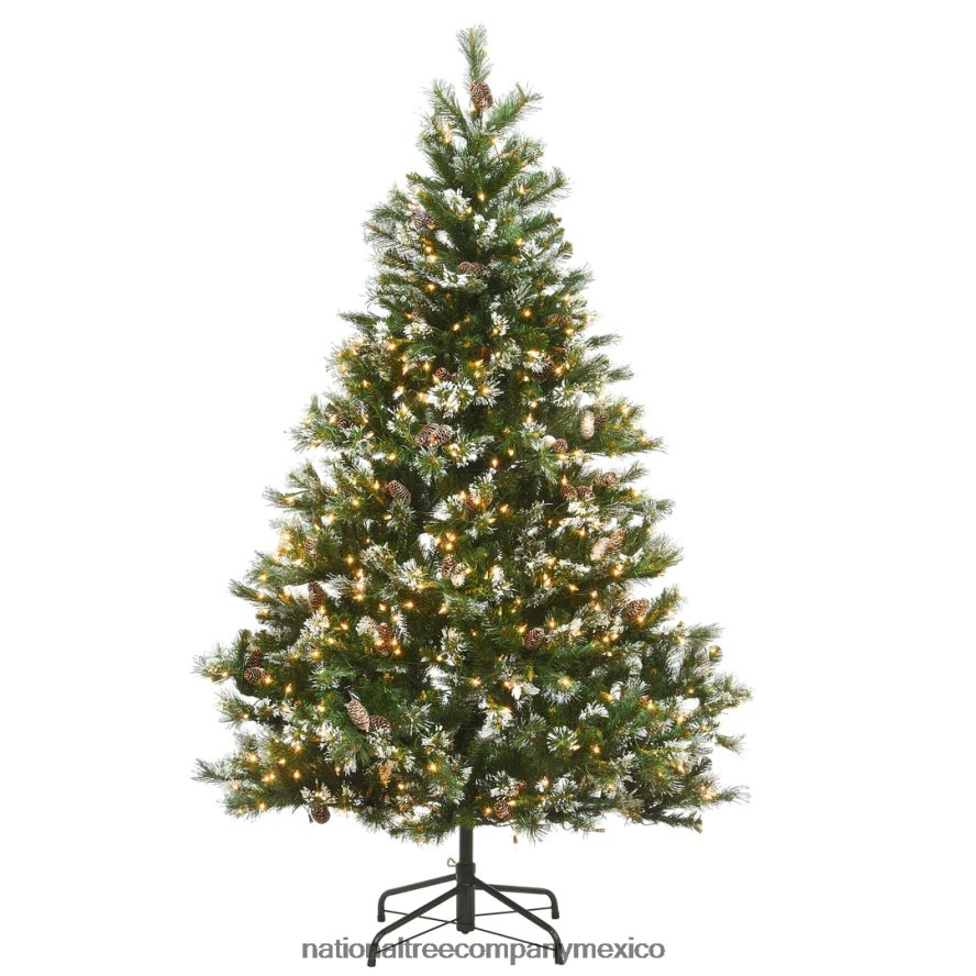 árboles | mx National Tree Company árbol de Navidad artificial delgado preiluminado, verde, pino con cerdas brillantes, luces blancas, flocado con piñas, ramas esmeriladas, incluye soporte, 6.5 pies 8