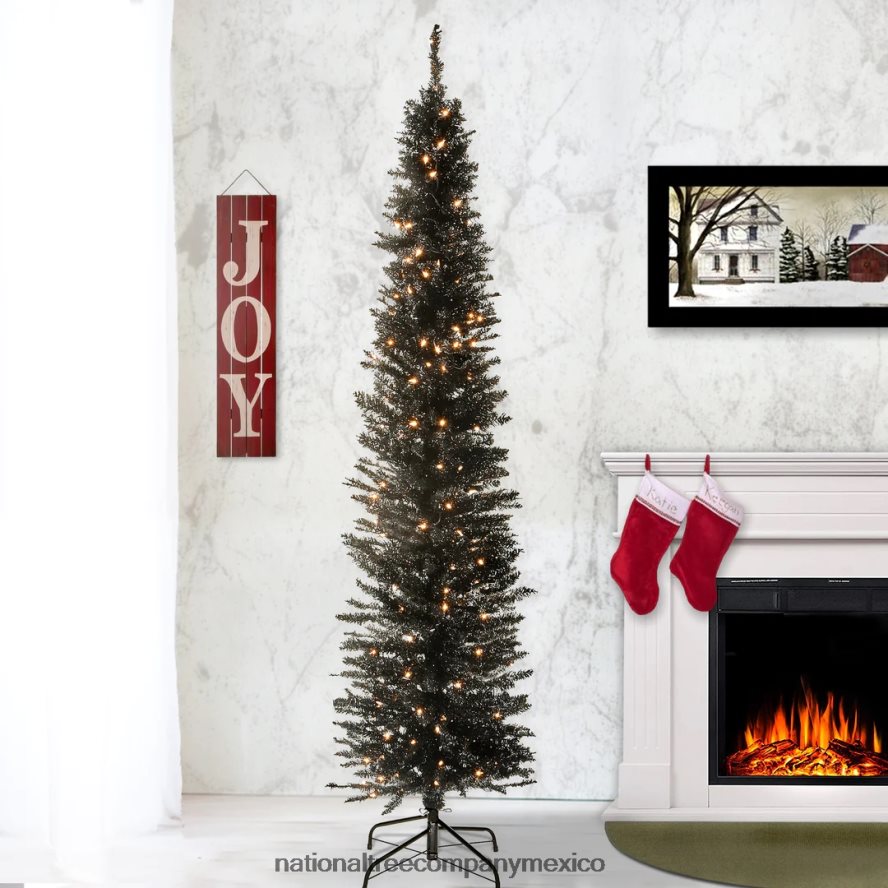 árboles | mx National Tree Company árbol de Navidad artificial preiluminado, oropel negro, luces blancas, incluye soporte, 6 pies 8JB84J142