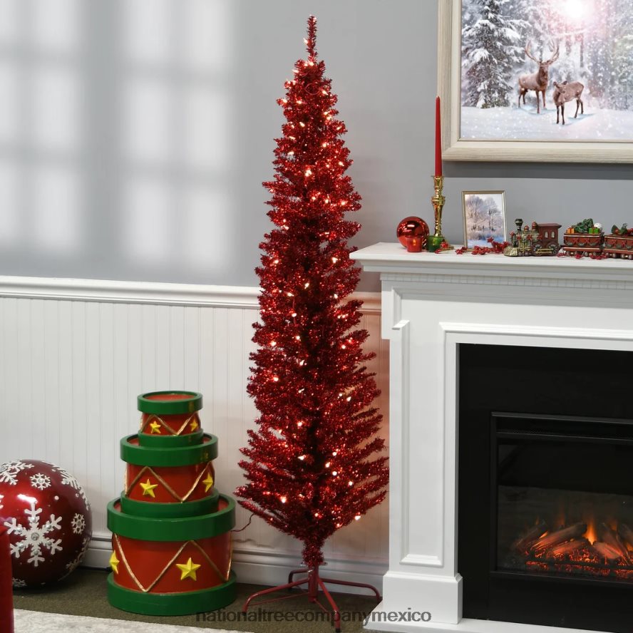 árboles | mx National Tree Company árbol de Navidad artificial preiluminado, oropel rojo, luces blancas, incluye soporte, 6 pies 8JB84J63