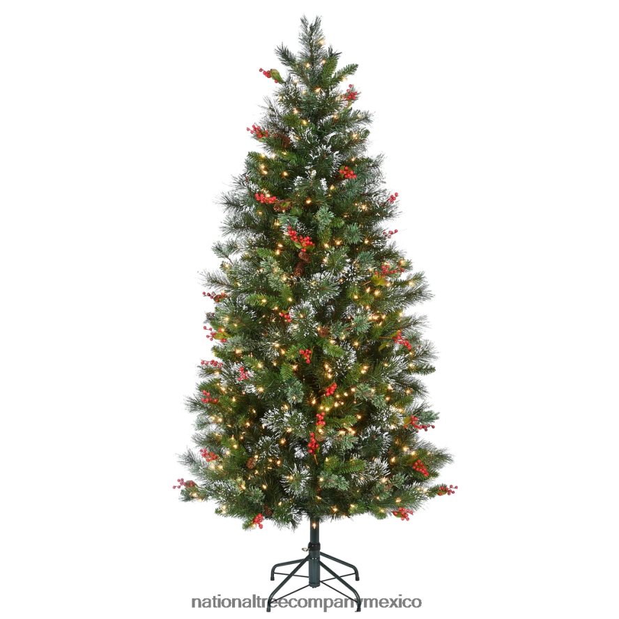 árboles | mx National Tree Company árbol de Navidad artificial preiluminado, pino invernal, luces verdes y blancas, decorado con piñas y racimos de bayas, incluye soporte, 6,5 pies 8JB84J197