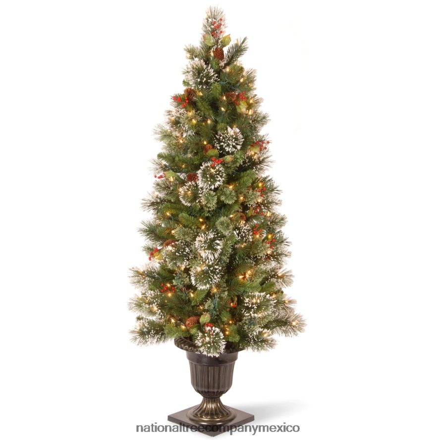 árboles | mx National Tree Company Árbol de Navidad con entrada artificial preiluminado, pino invernal, luces verdes y blancas, decorado con racimos de bayas y piñas, incluye base de metal, 5 pies 8JB