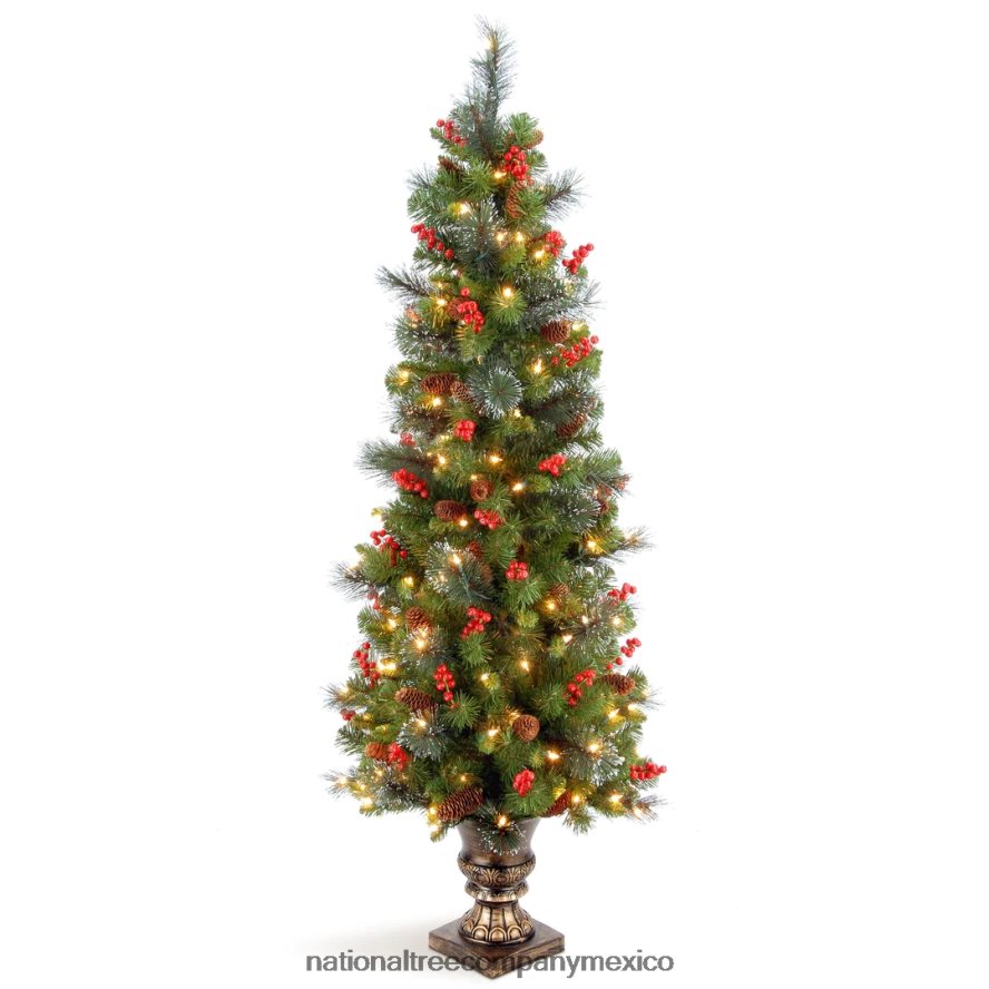 árboles | mx National Tree Company Árbol de Navidad con entrada artificial preiluminado, verde, abeto crestado, luces blancas, decorado con piñas, racimos de bayas, ramas escarchadas, incluye base par