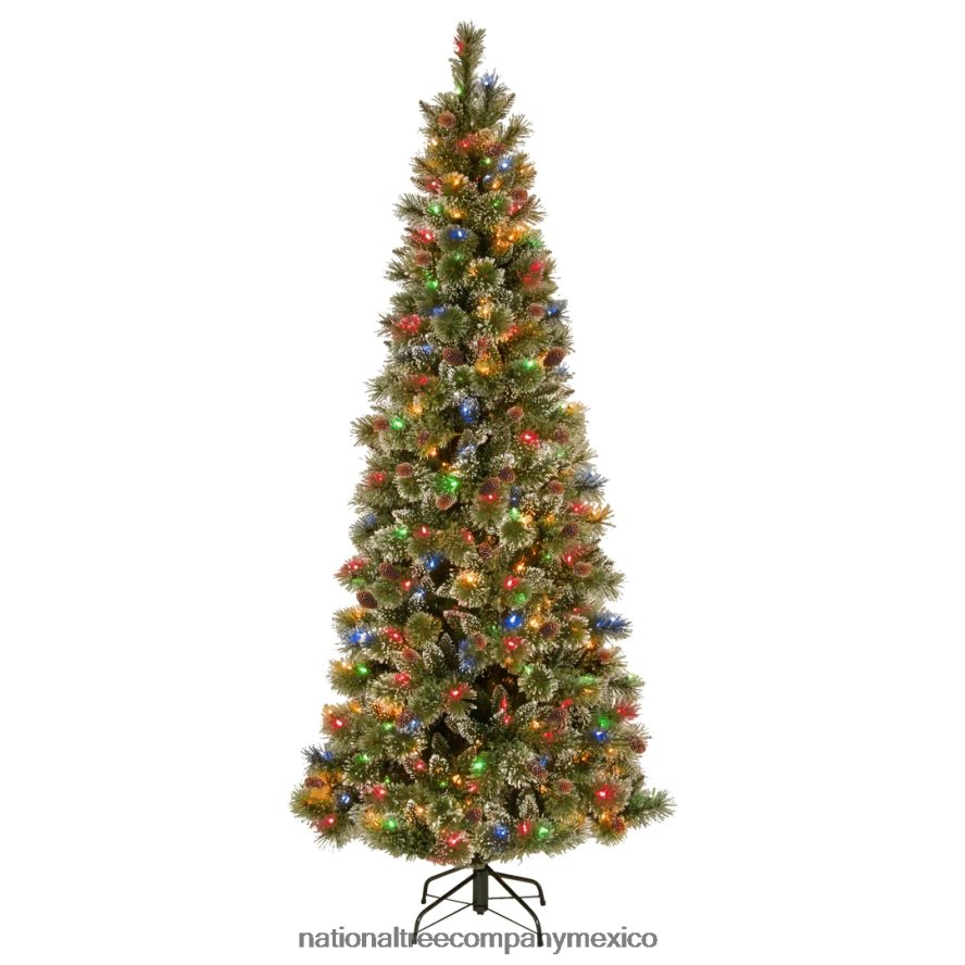 árboles | mx National Tree Company Árbol de Navidad artificial delgado preiluminado, pino brillante, verde, luces multicolores, decorado con piñas, adornos de bolas, incluye soporte, 7 pies 8JB84J173
