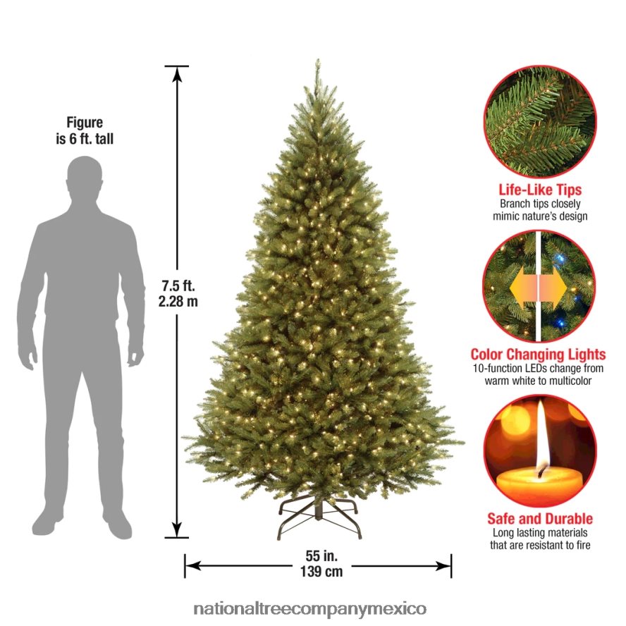 árboles | mx National Tree Company árbol de Navidad artificial preiluminado mediano, verde, abeto Kingswood, luces LED de dos colores, incluye soporte, 7.5 pies 8JB84J133