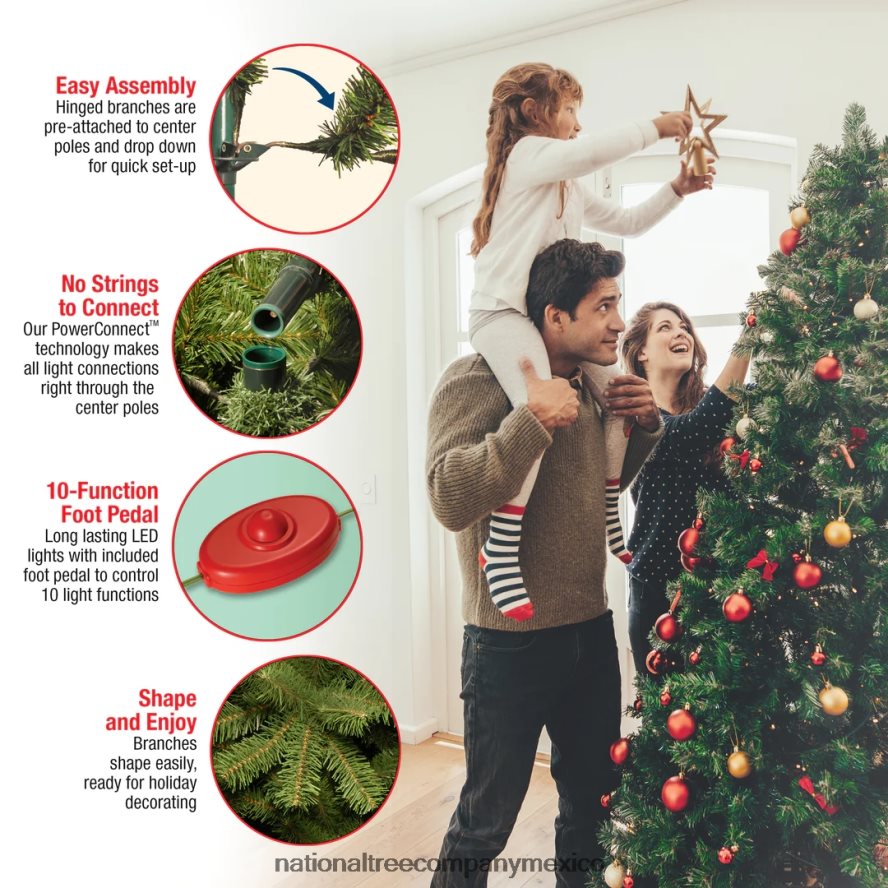 árboles | mx National Tree Company árbol de Navidad artificial preiluminado mediano, verde, abeto Kingswood, luces LED de dos colores, incluye soporte, 7.5 pies 8JB84J133