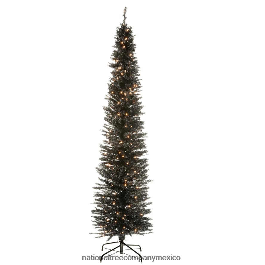 árboles | mx National Tree Company árbol de Navidad artificial preiluminado, oropel negro, luces blancas, incluye soporte, 7 pies 8JB84J212