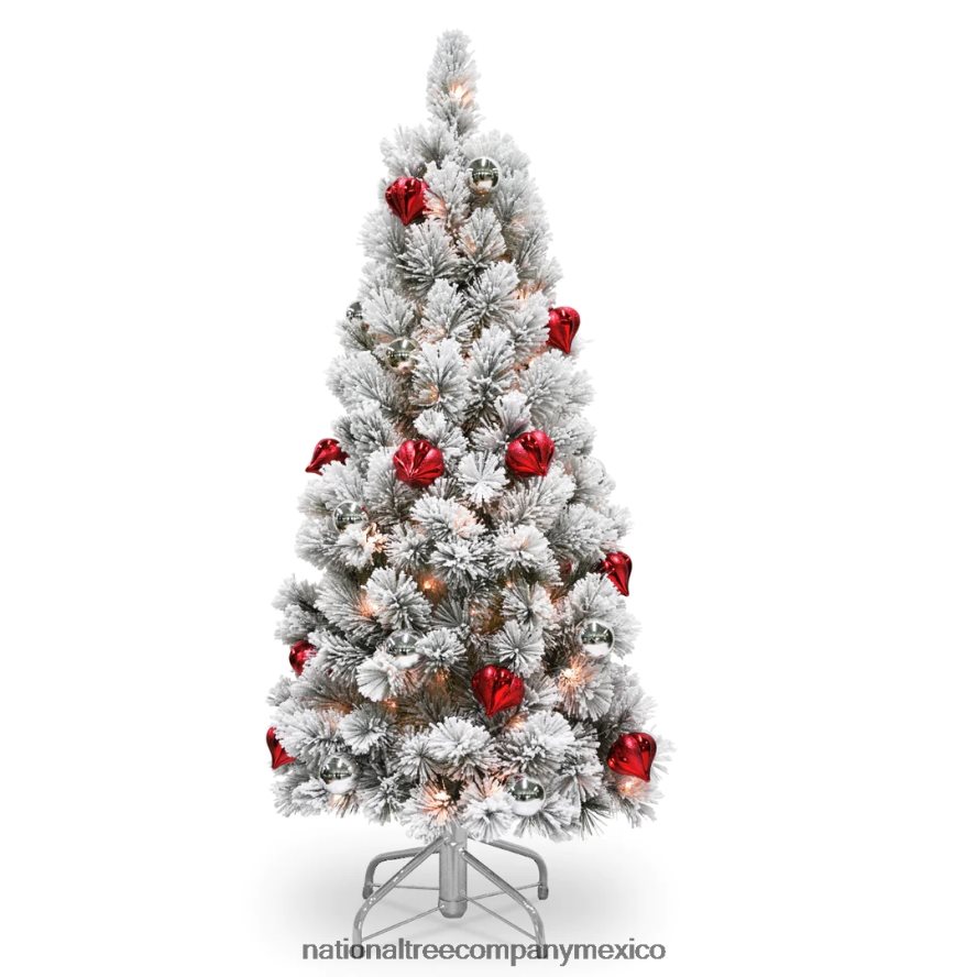 árboles | mx National Tree Company árbol de Navidad artificial preiluminado, pino de cerdas nevadas, verde, decorado con ramas escarchadas, piñas, luces blancas, incluye soporte, 4,5 pies 8JB84J176