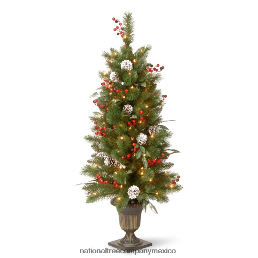 árboles | mx National Tree Company Árbol de Navidad con entrada artificial preiluminado, pino baya esmerilado, luces verdes y blancas, decorado con racimos de bayas y piñas, incluye base de metal, 4 p