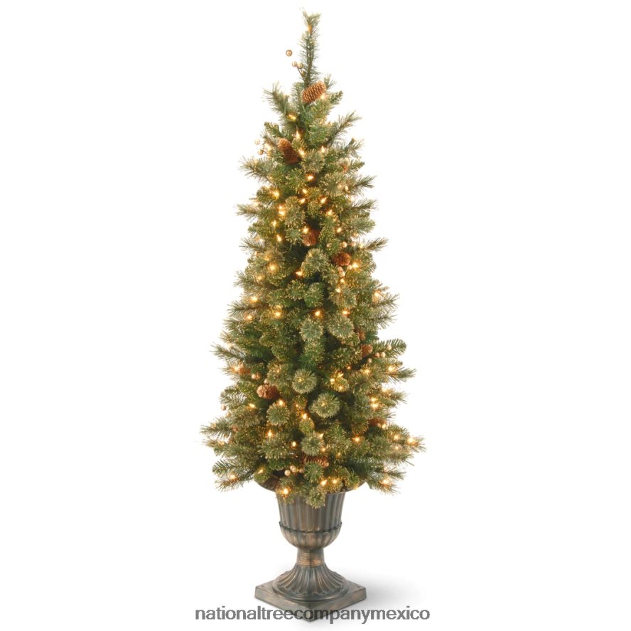 árboles | mx National Tree Company Árbol de Navidad con entrada artificial preiluminado, pino dorado brillante, luces verdes y blancas, decorado con racimos de bayas y piñas, incluye base de metal, 4