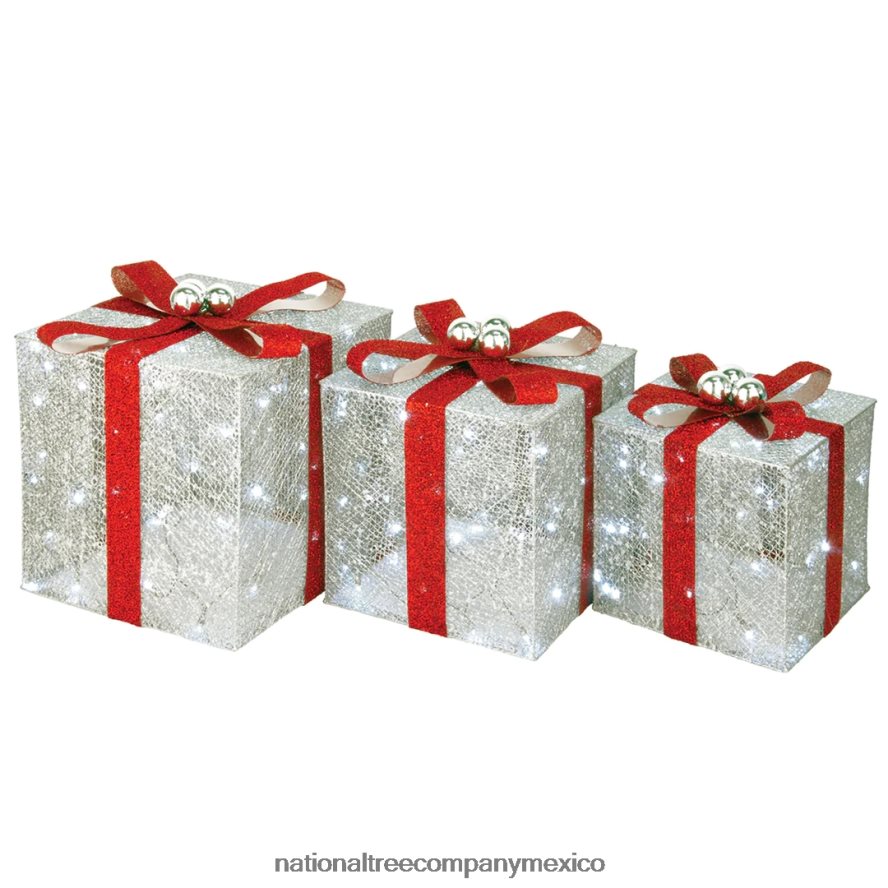 decoración | mx National Tree Company cajas de regalo plateadas preiluminadas, juego de tres, luces blancas, colección navideña 8JB84J629