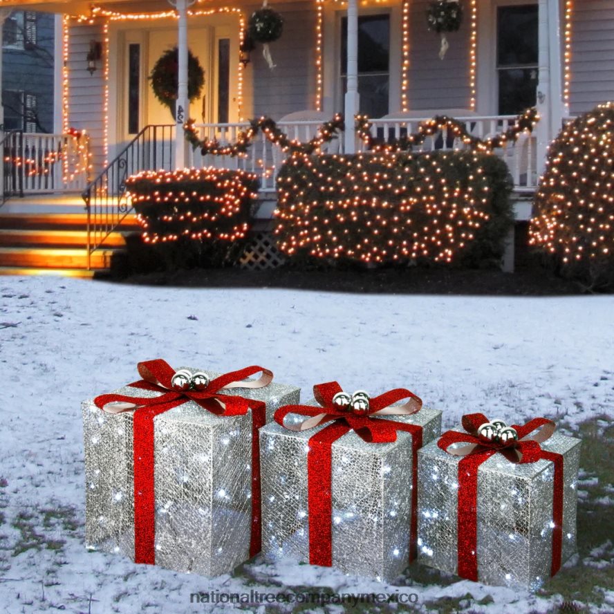 decoración | mx National Tree Company cajas de regalo plateadas preiluminadas, juego de tres, luces blancas, colección navideña 8JB84J629