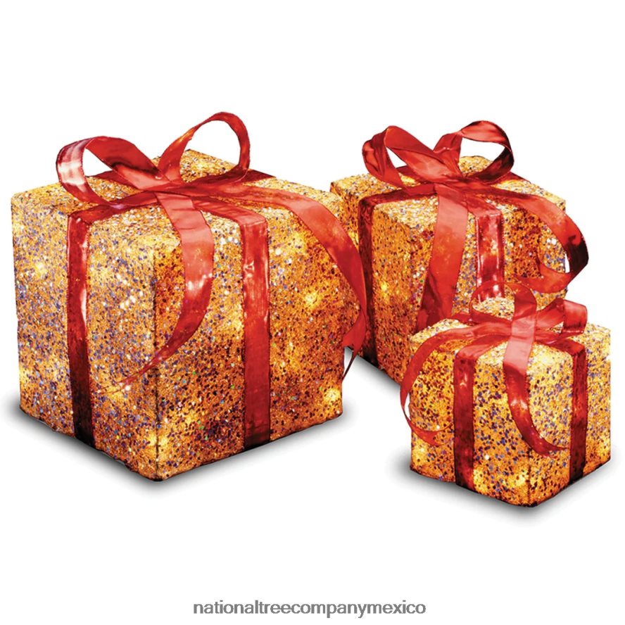 decoración | mx National Tree Company cajas de regalo preiluminadas en rojo y dorado, juego de tres, luces blancas, colección navideña 8JB84J603
