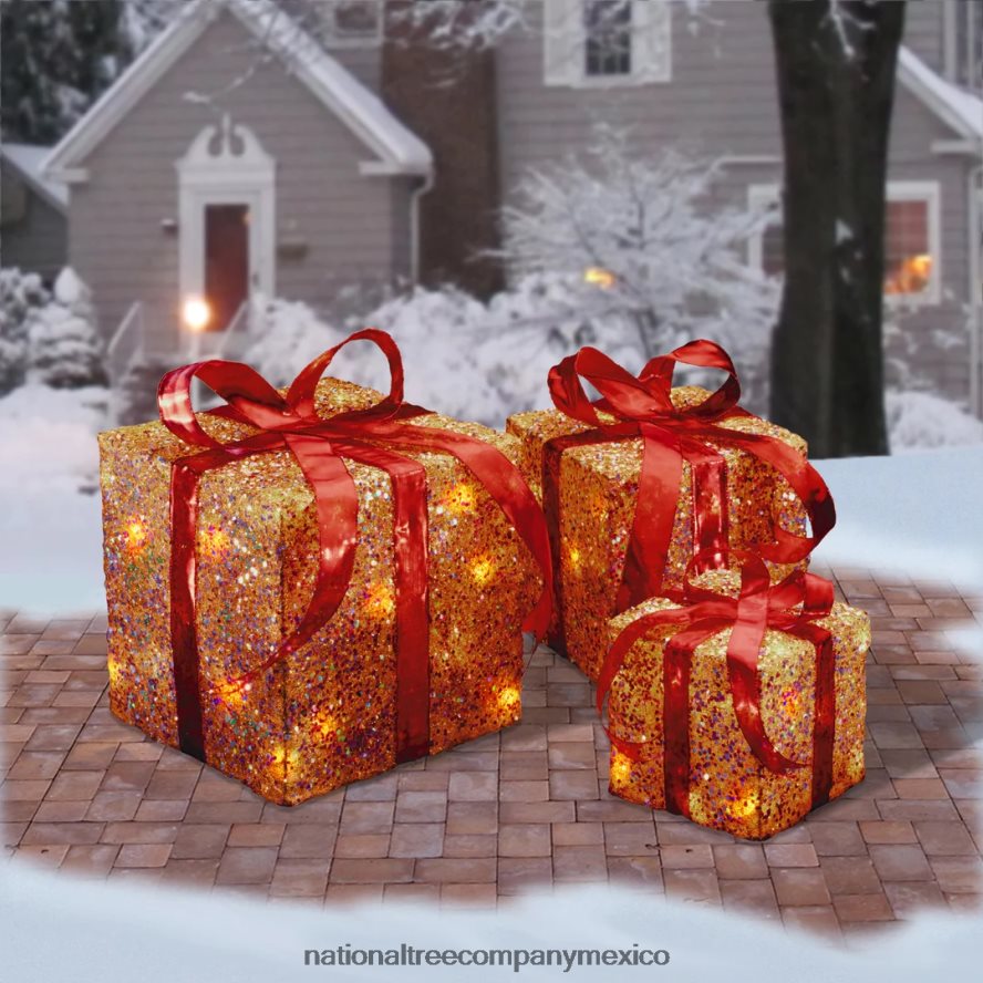 decoración | mx National Tree Company cajas de regalo preiluminadas en rojo y dorado, juego de tres, luces blancas, colección navideña 8JB84J603