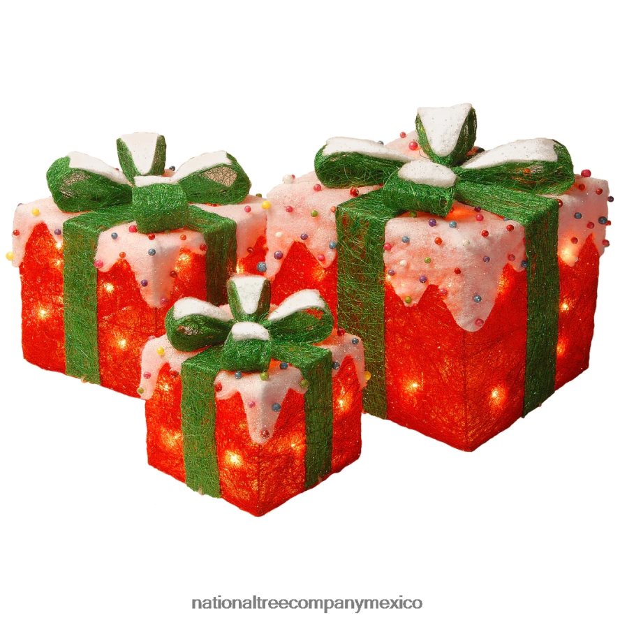 decoración | mx National Tree Company cajas de regalo rojas y blancas preiluminadas, juego de tres, luces blancas, colección navideña 8JB84J600