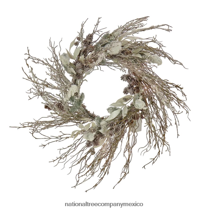 vegetación | mx National Tree Company Corona navideña de nieve con adornos alpinos de 24", 150 luces LED de arroz de color blanco puro, funciona con pilas y control remoto 8JB84J278