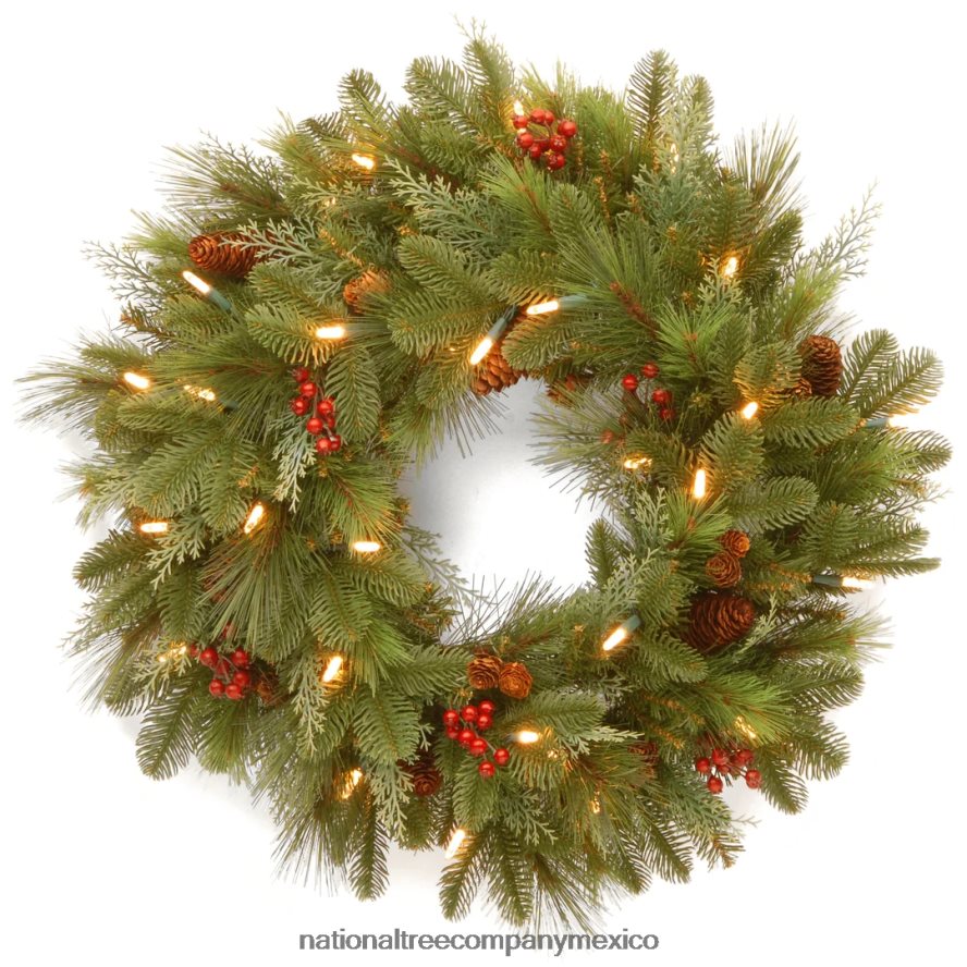 vegetación | mx National Tree Company corona navideña artificial preiluminada, verde, noelle, luces blancas, decorada con piñas, racimos de bayas, colección navideña, 24 pulgadas 8JB84J254