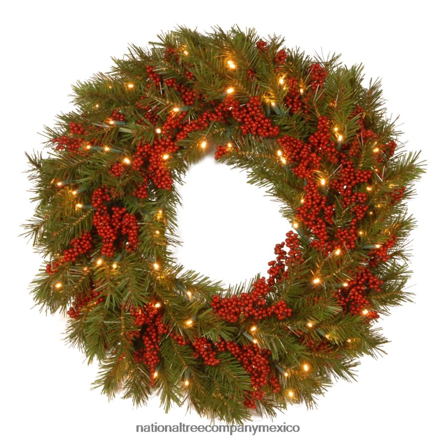 vegetación | mx National Tree Company corona navideña artificial preiluminada, verde, pino del valle, luces blancas, decorada con racimos de bayas, colección navideña, 24 pulgadas 8JB84J315