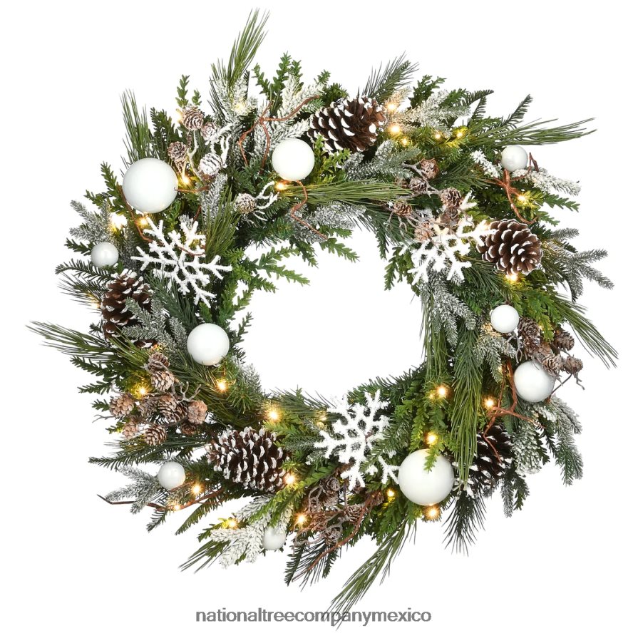 vegetación | mx National Tree Company Corona navideña artificial preiluminada, colección alpina decorada, con luces LED de color blanco cálido, alimentada por pilas, 30 pulgadas 8JB84J281