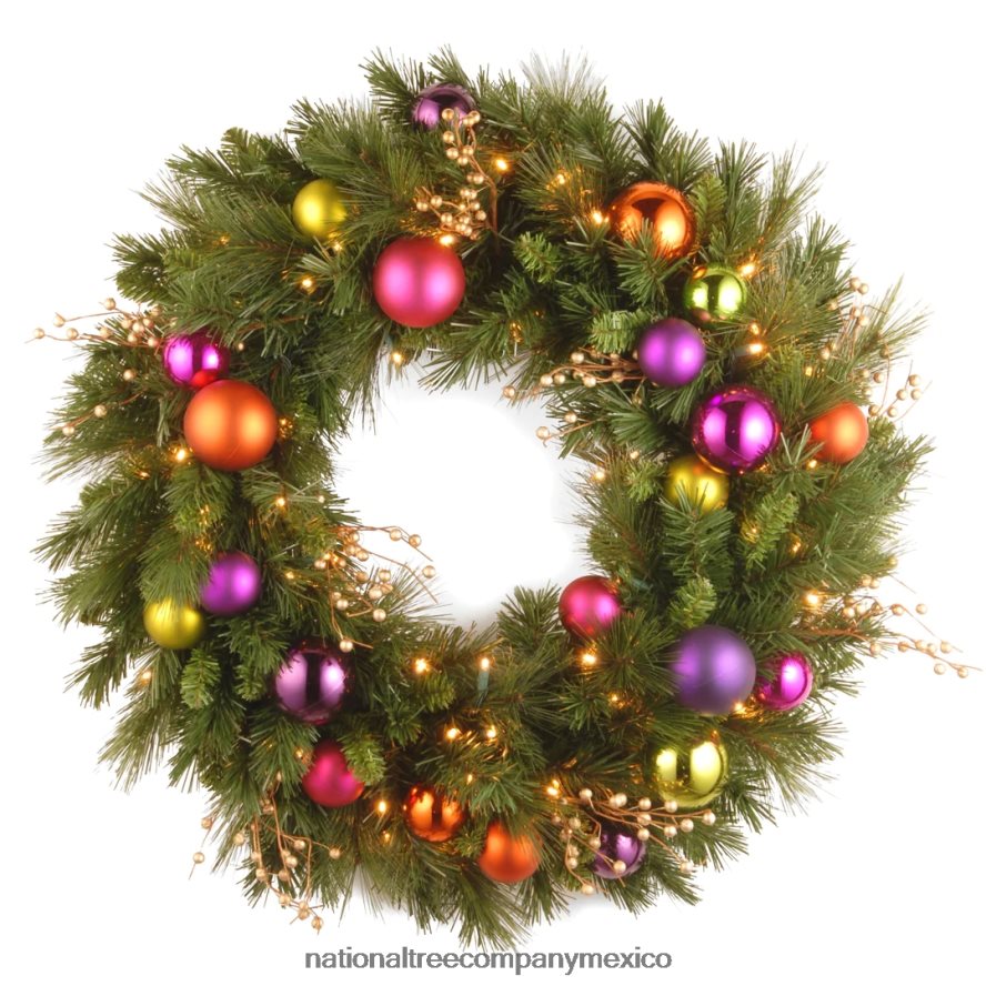 vegetación | mx National Tree Company corona navideña artificial preiluminada, verde, caleidoscopio, luces blancas, decorada con racimos de bayas, adornos de bolas, colección navideña, 30 pulgadas 8JB