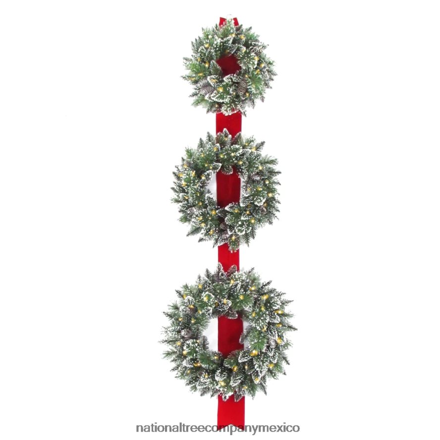 vegetación | mx National Tree Company Decoración de puerta de cinta de tres coronas navideñas artificiales, luces verdes y blancas, decoradas con ramas esmeriladas, colección navideña, 77 pulgadas 8JB