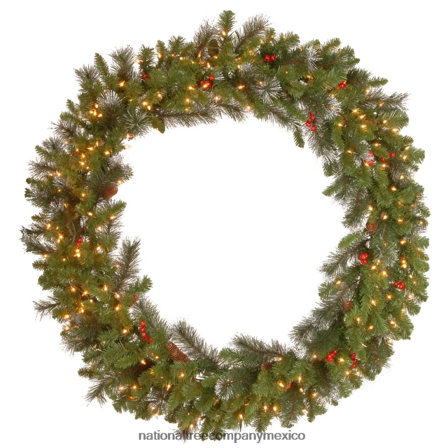 vegetación | mx National Tree Company corona navideña artificial preiluminada, verde, abeto crestado, luces blancas, decorada con piñas, racimos de bayas, colección navideña, 48 pulgadas 8JB84J285