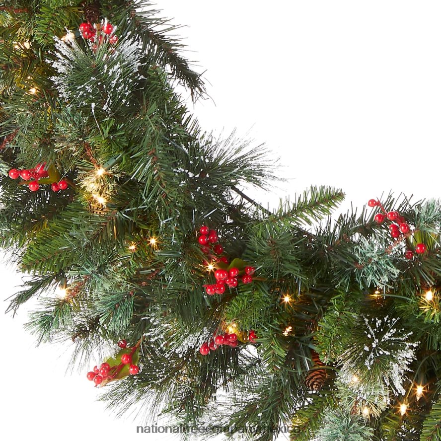 vegetación | mx National Tree Company corona navideña artificial preiluminada, verde, pino invernal, luces blancas, decorada con piñas, racimos de bayas, ramas escarchadas, colección navideña, 48 pulg