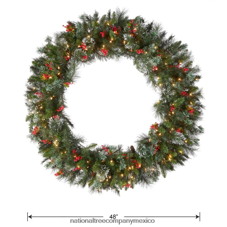 vegetación | mx National Tree Company corona navideña artificial preiluminada, verde, pino invernal, luces blancas, decorada con piñas, racimos de bayas, ramas escarchadas, colección navideña, 48 pulg