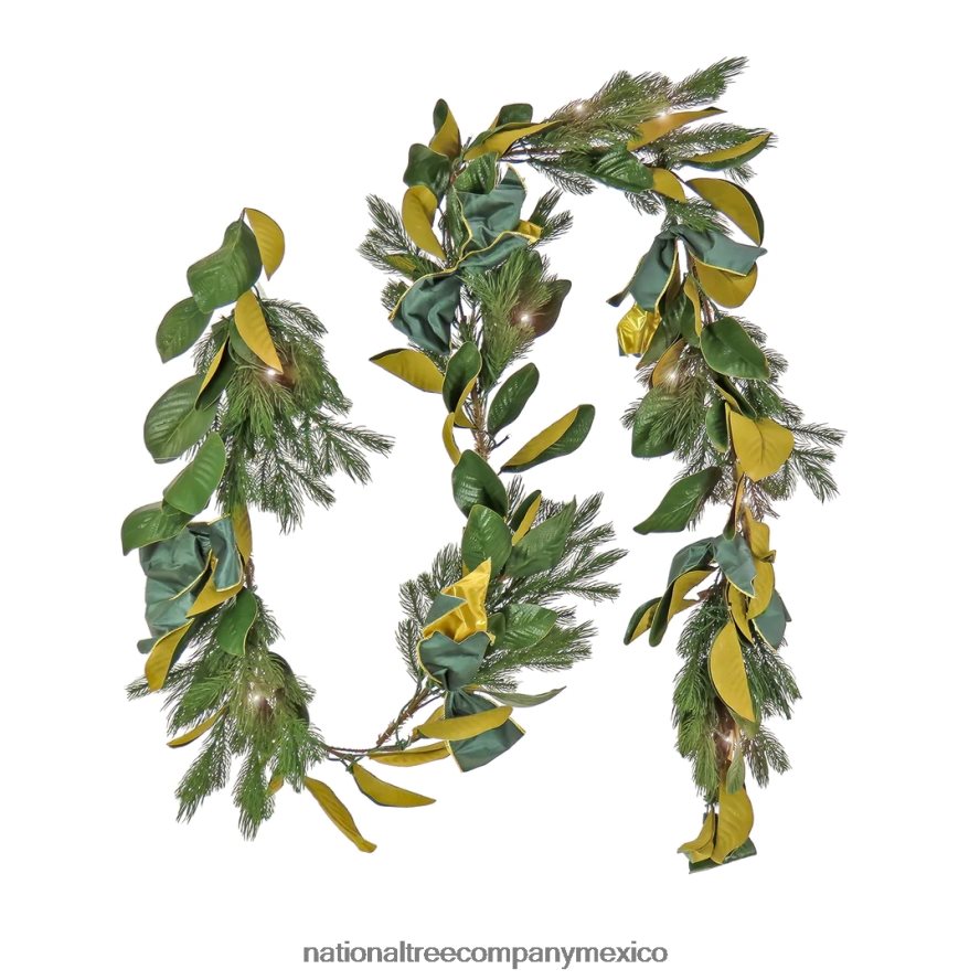 vegetación | mx National Tree Company Guirnalda navideña de pino y magnolia de 9" con lazo de tela, 75 luces LED de color blanco cálido, funciona con pilas y control remoto 8JB84J422