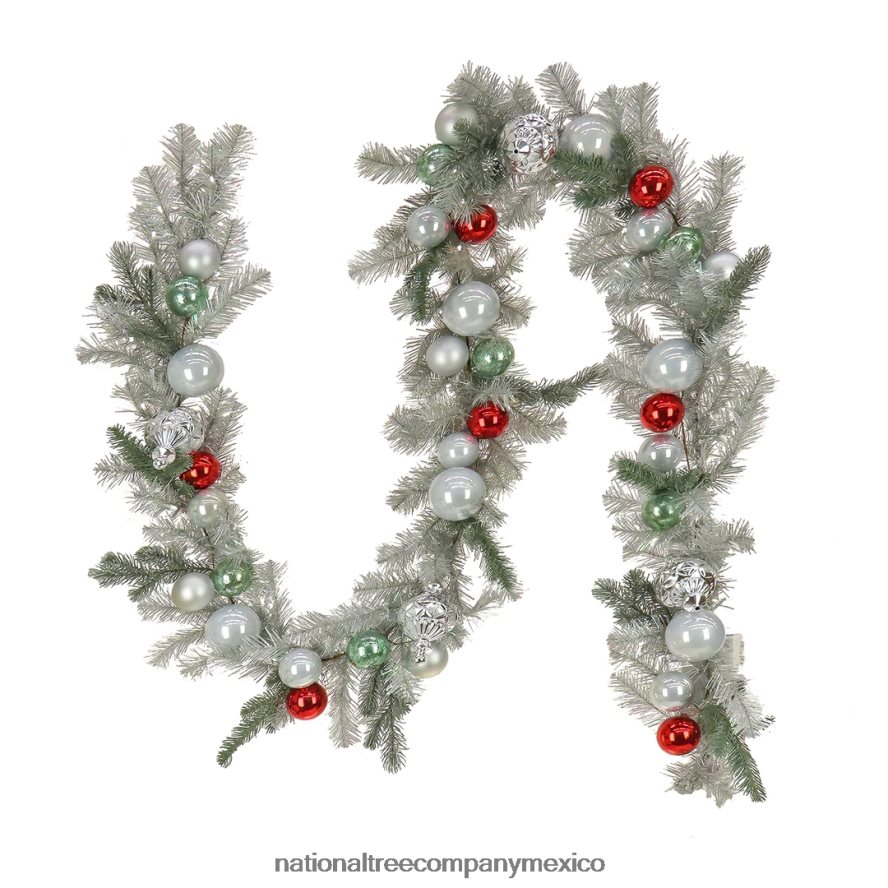 vegetación | mx National Tree Company Guirnalda plateada con adornos navideños de 9', 75 luces LED de color blanco puro, funciona con pilas y control remoto 8JB84J421