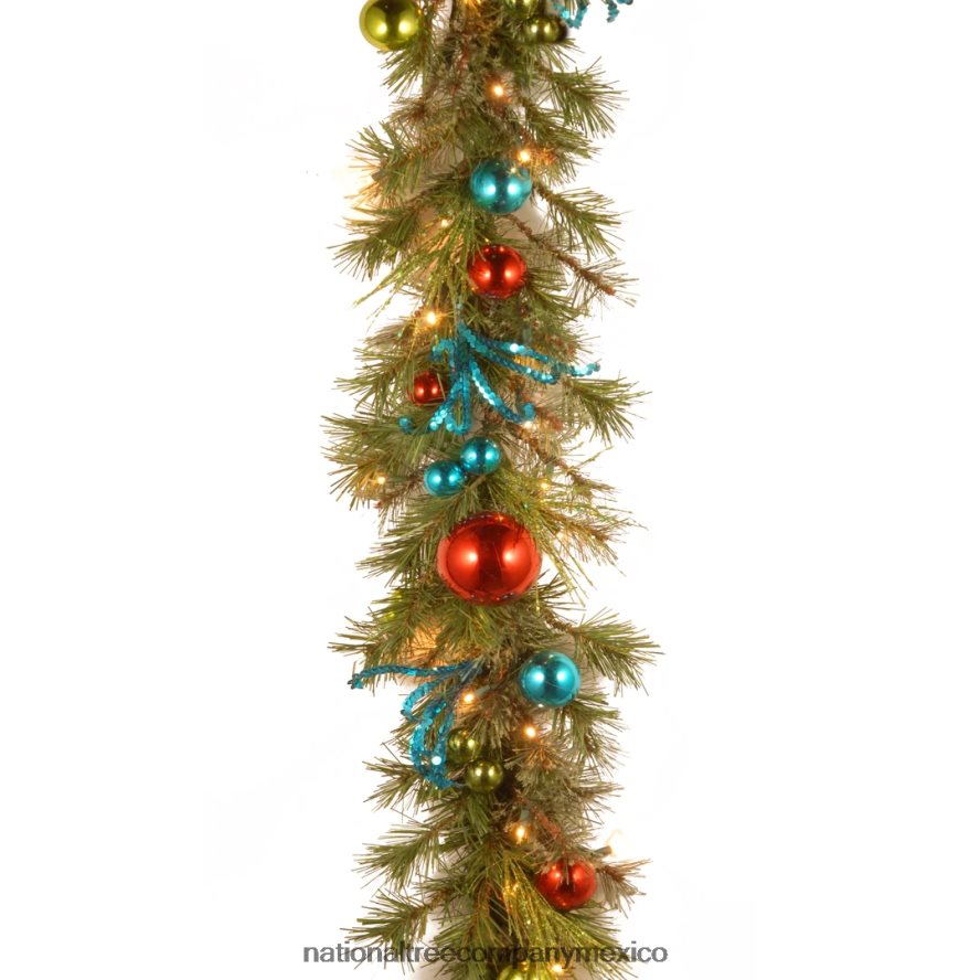vegetación | mx National Tree Company guirnalda navideña artificial preiluminada, verde, de hoja perenne, decorada con racimos de bayas, cinta, adornos de bolas, enchufable, colección navideña, 9 pies