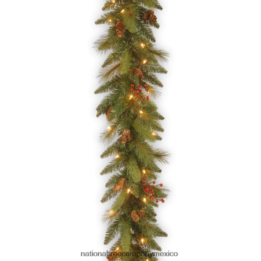 vegetación | mx National Tree Company guirnalda navideña artificial preiluminada, verde, de hoja perenne, luces blancas, decorada con piñas, racimos de bayas, enchufable, colección navideña, 9 pies 8J