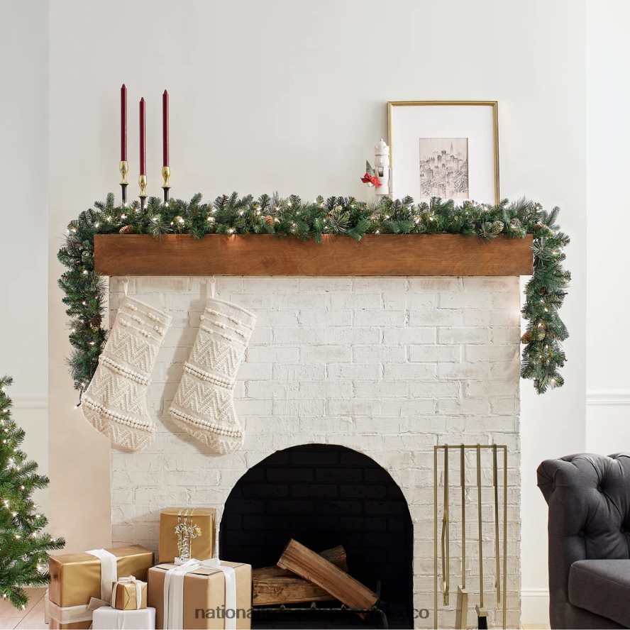 vegetación | mx National Tree Company guirnalda navideña artificial preiluminada, verde, pino carolina, luces blancas, decorada con piñas, enchufable, colección navideña, 9 pies 8JB84J326