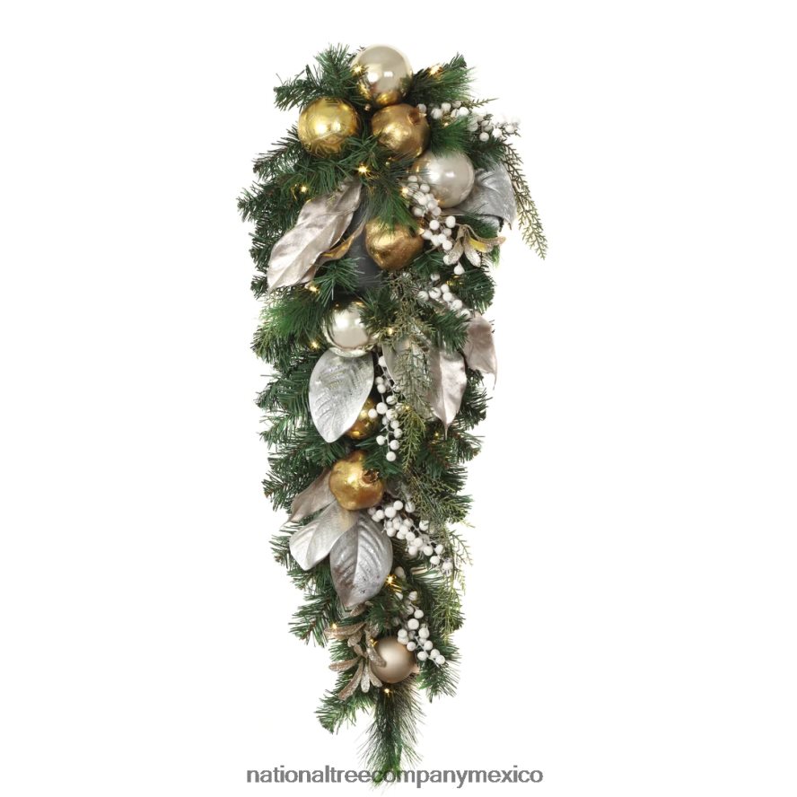 vegetación | mx National Tree Company Botín navideño artificial preiluminado en forma de lágrima decorada en oro glamuroso navideño, con luces LED de color blanco cálido, alimentado por batería, 36 pu