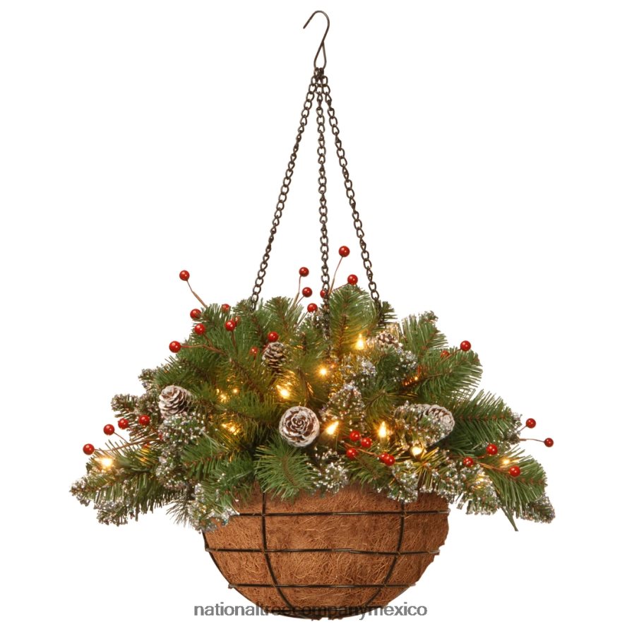 vegetación | mx National Tree Company Cesta colgante navideña artificial preiluminada, abeto de montaña, decorada con piñas esmeriladas, racimos de bayas, luces blancas, colección navideña, 20 pulgada