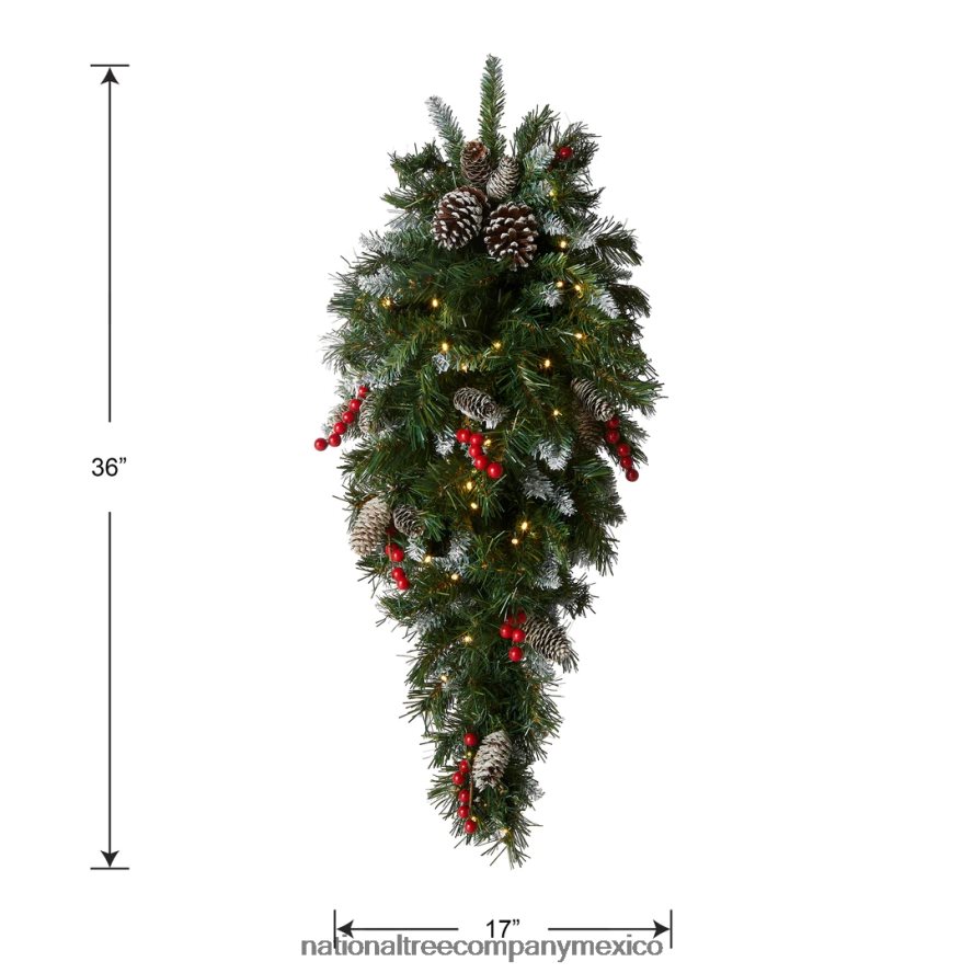 vegetación | mx National Tree Company Lágrima navideña artificial preiluminada, verde, baya esmerilada, luces blancas, decorada con piñas, racimos de bayas, ramas esmeriladas, colección navideña, 36 p