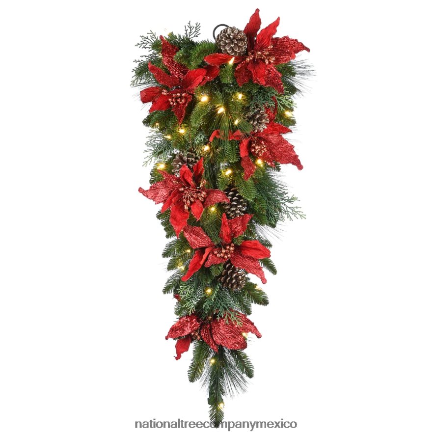vegetación | mx National Tree Company Lágrima navideña artificial preiluminada, verde, perenne, luces blancas, decorada con piñas, flores de nochebuena, colección navideña, 36 pulgadas 8JB84J477